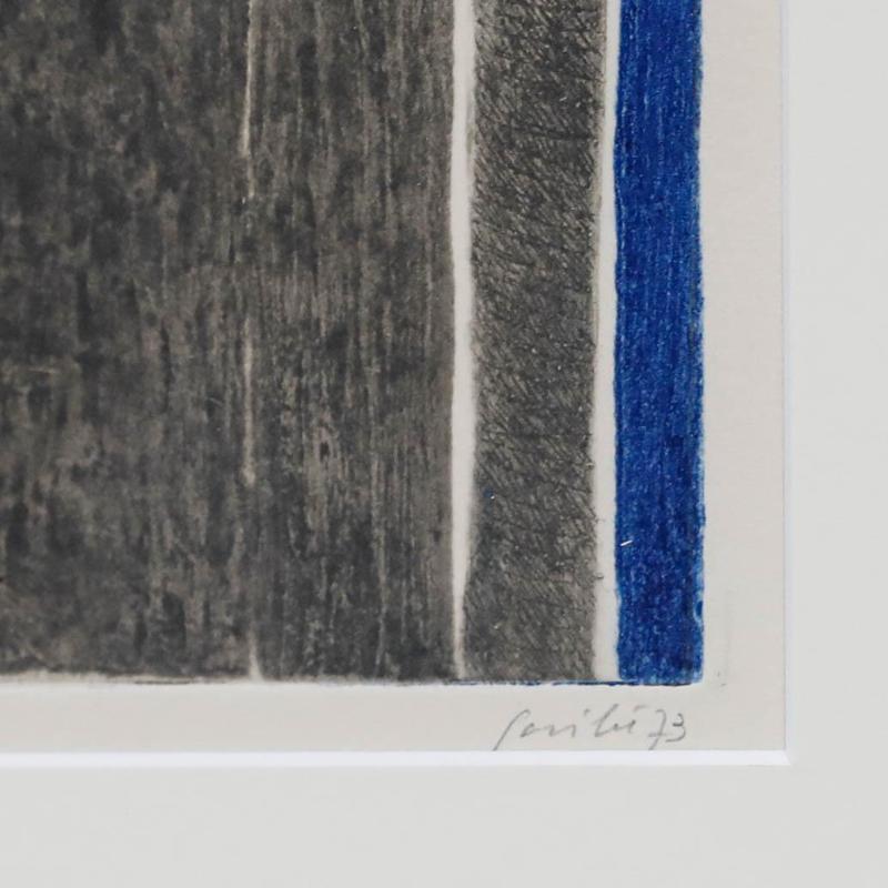 An eye-catchingly modernist print. Inscribed 'E.A.' meaning 'épreuve d'artiste' or artist's proof. Dated and indistinctly signed in graphite to the lower right. Smartly presented in a black frame. On paper. Image size: 19.5 x 14.5cm.