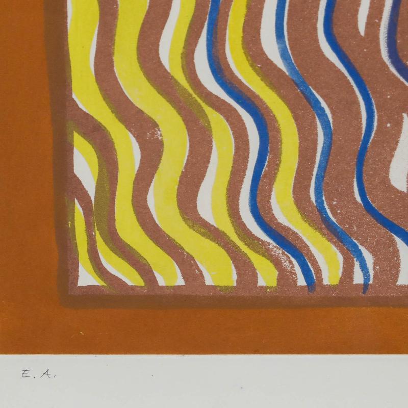 An eye-catchingly colourful modernist print. Inscribed 'E.A.' meaning 'épreuve d'artiste' or artist's proof. Dated and indistinctly signed in graphite to the lower right. Smartly presented in a pale wooden frame. On paper. Image size: 37 x 47.5cm.
