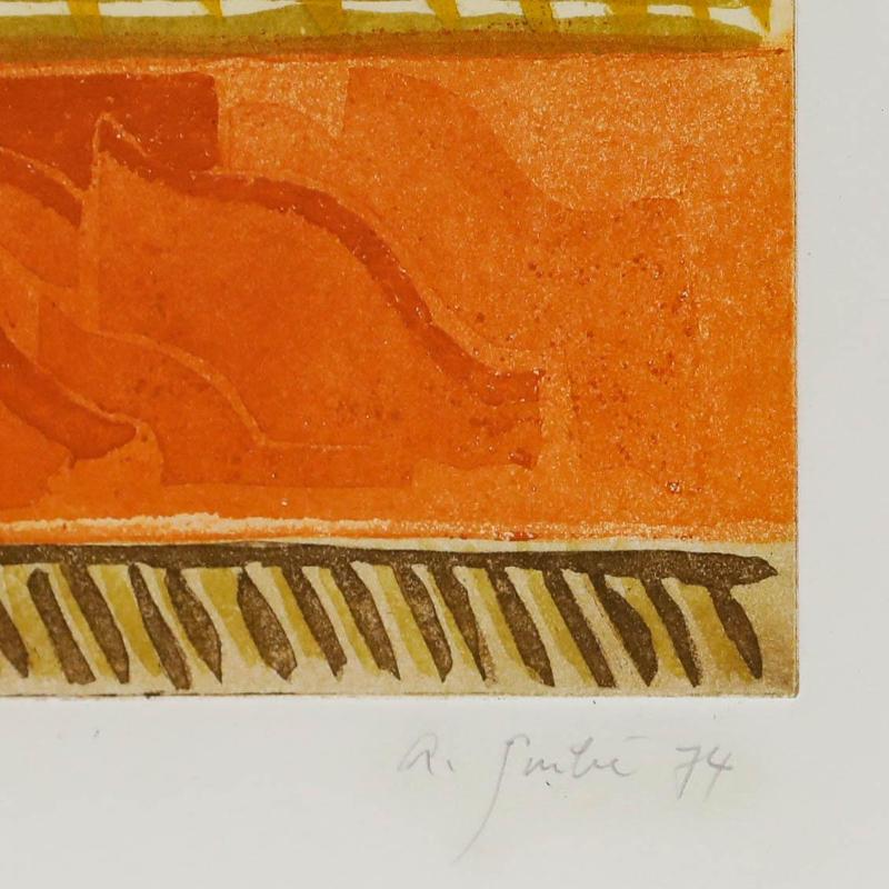 An eye-catchingly colourful modernist print. Inscribed 'E.A.' meaning 'épreuve d'artiste' or artist's proof. Dated and indistinctly signed in graphite to the lower right. Smartly presented in a black frame. On paper. Image size: 16.5 x 25cm.