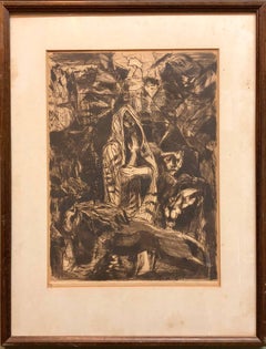 Modernist Daniel in Lions Den Biblical Judaica Etching Israeli Artist