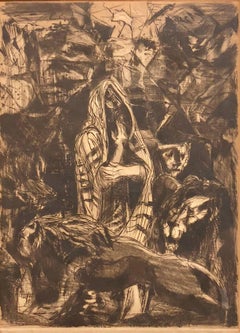 Modernist Daniel in Lions Den Biblical Judaica Etching Israeli Artist