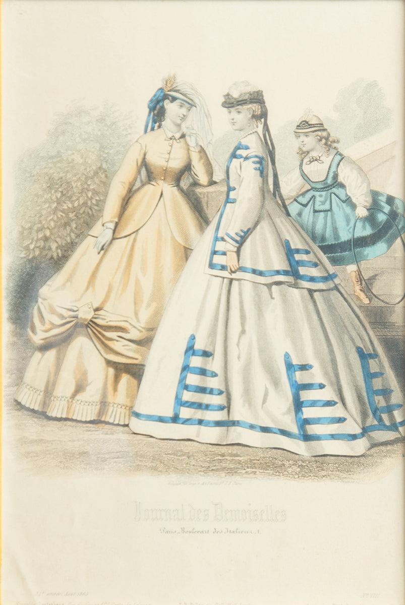 Journal Des Demoiselles Aout 1865, Paris le Boulevard des Italiens, gerahmt von Eatons in Montreal Quebec in Holzrahmen mit Gold- und Silberverzierung, um 1865.
 
 Papierformat: 16,5 x 13,5 Zoll (42 x 34 cm)
 Bildgröße: 10 x 6,75 Zoll (25 x 17 cm)
