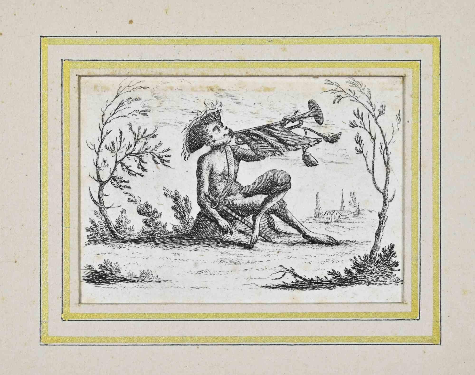 Unknown Figurative Print - Monkey Playing the Trumpet - Etching - 16th Century