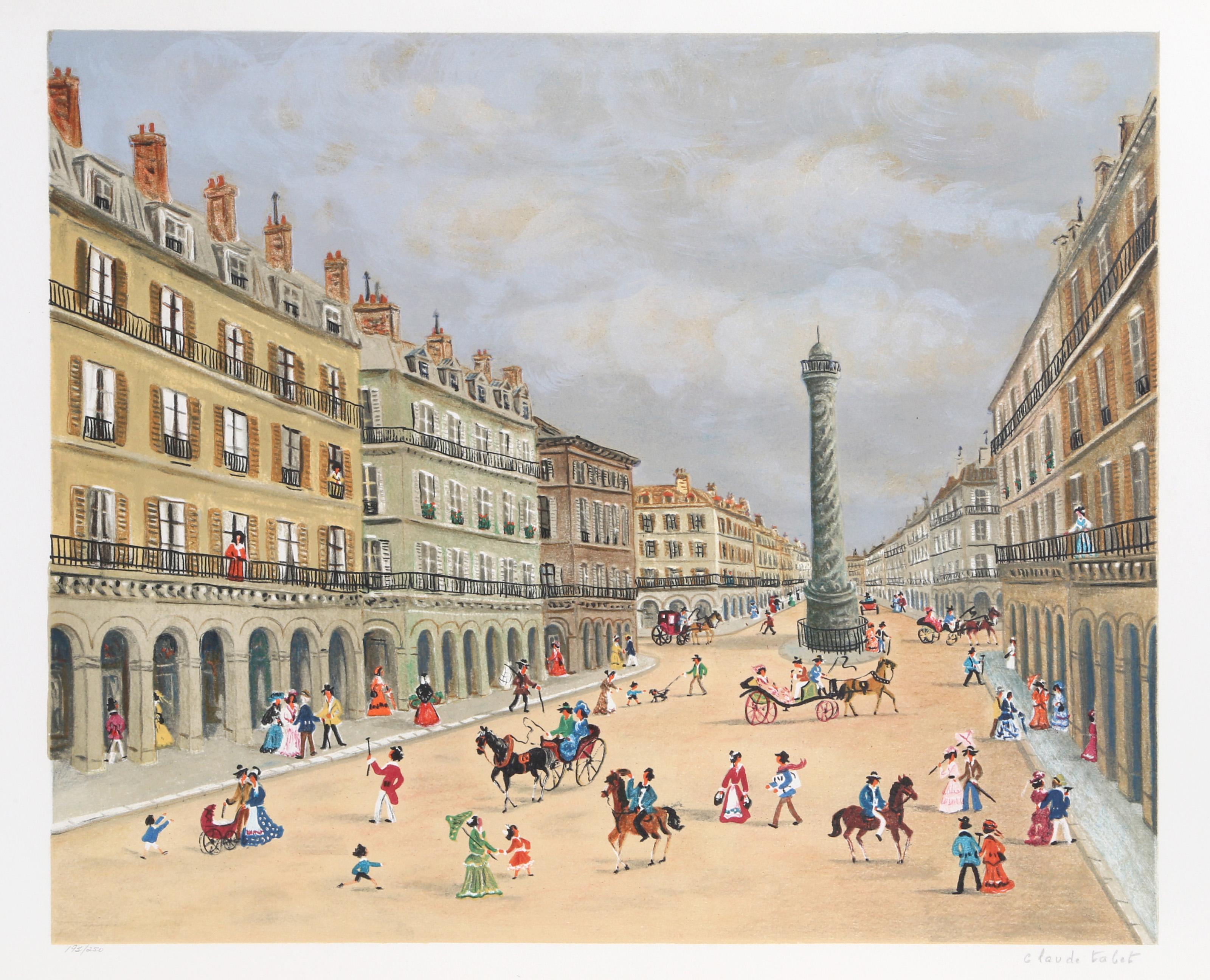 Claude Tabet, francés (1924 - 1979) - Montmarte. Medio: Litografía, firmada y numerada a lápiz, Edición: 250, Tamaño: 55,88 x 76,2 cm, Descripción: En esta cálida representación de una calle de Montmarte, unos peatones vestidos con ropa fina