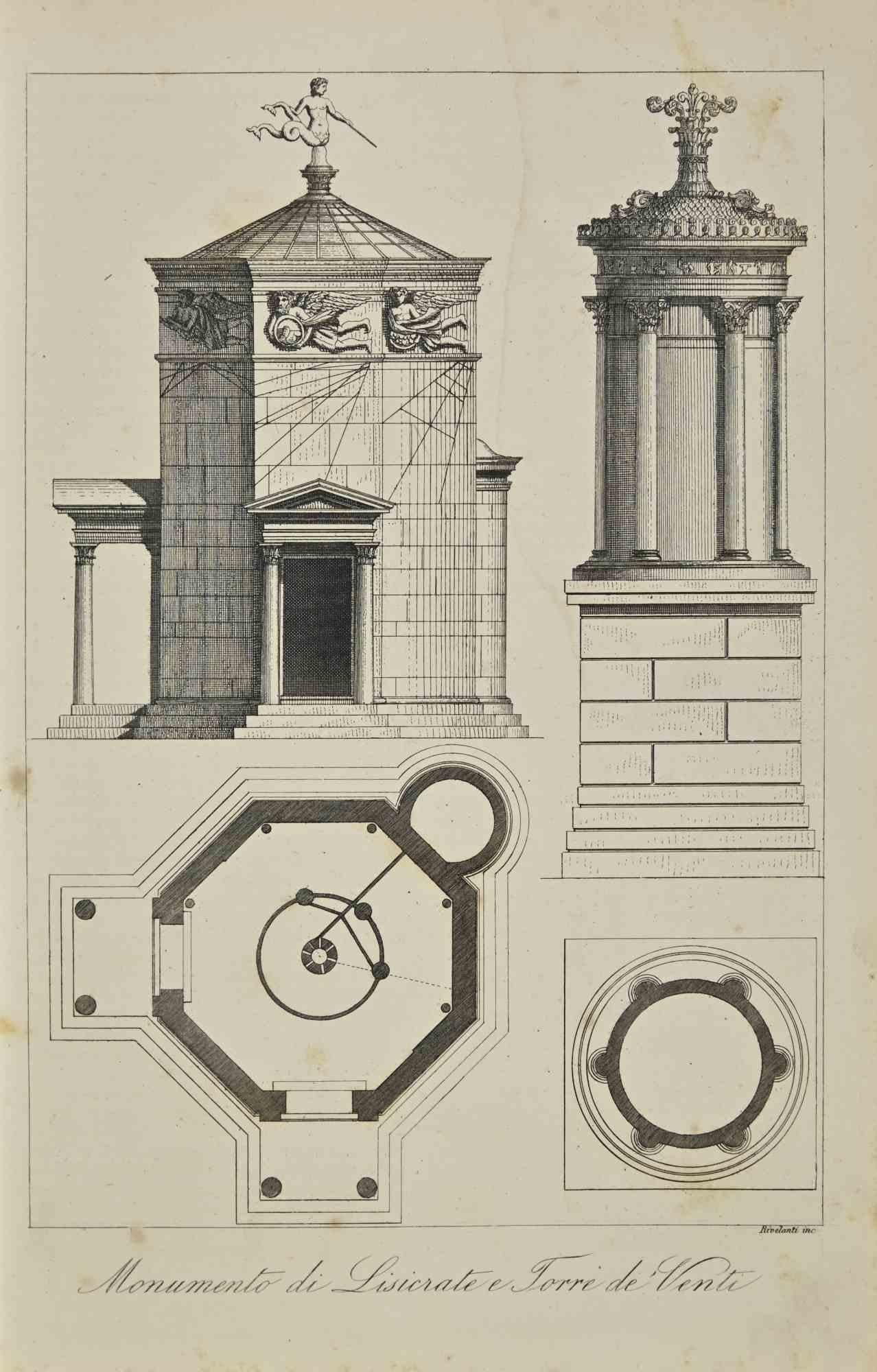 Unknown Figurative Print – Monument von Lysicrates und Windturm - Lithographie - 1862
