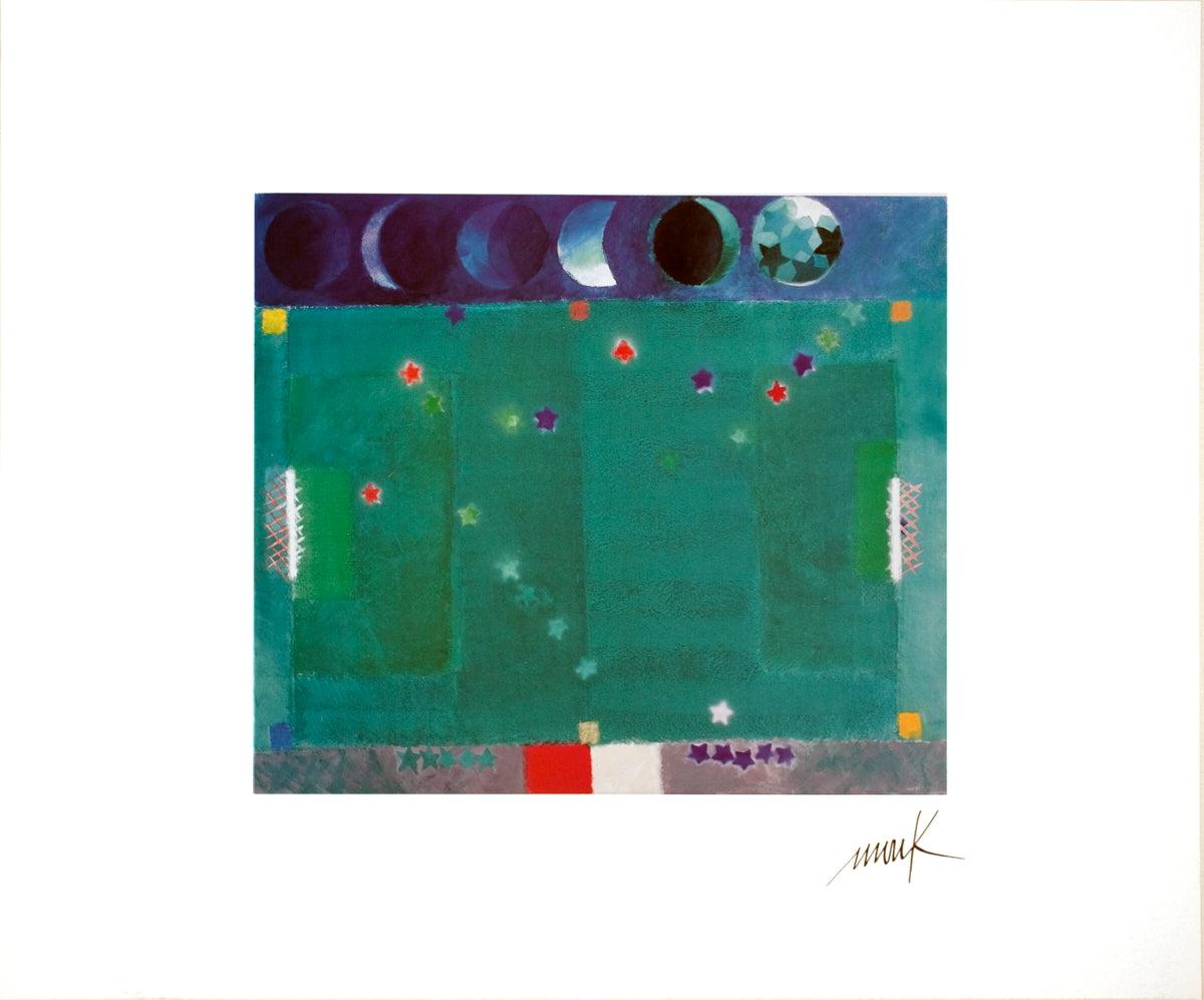 Unattributed artwork depicting a poetic fusion of astronomy and sport. At the top, a sequence of moon phases unfolds across the night sky, symbolizing the passage of time. Beneath, a vivid green field—clearly resembling a soccer or football