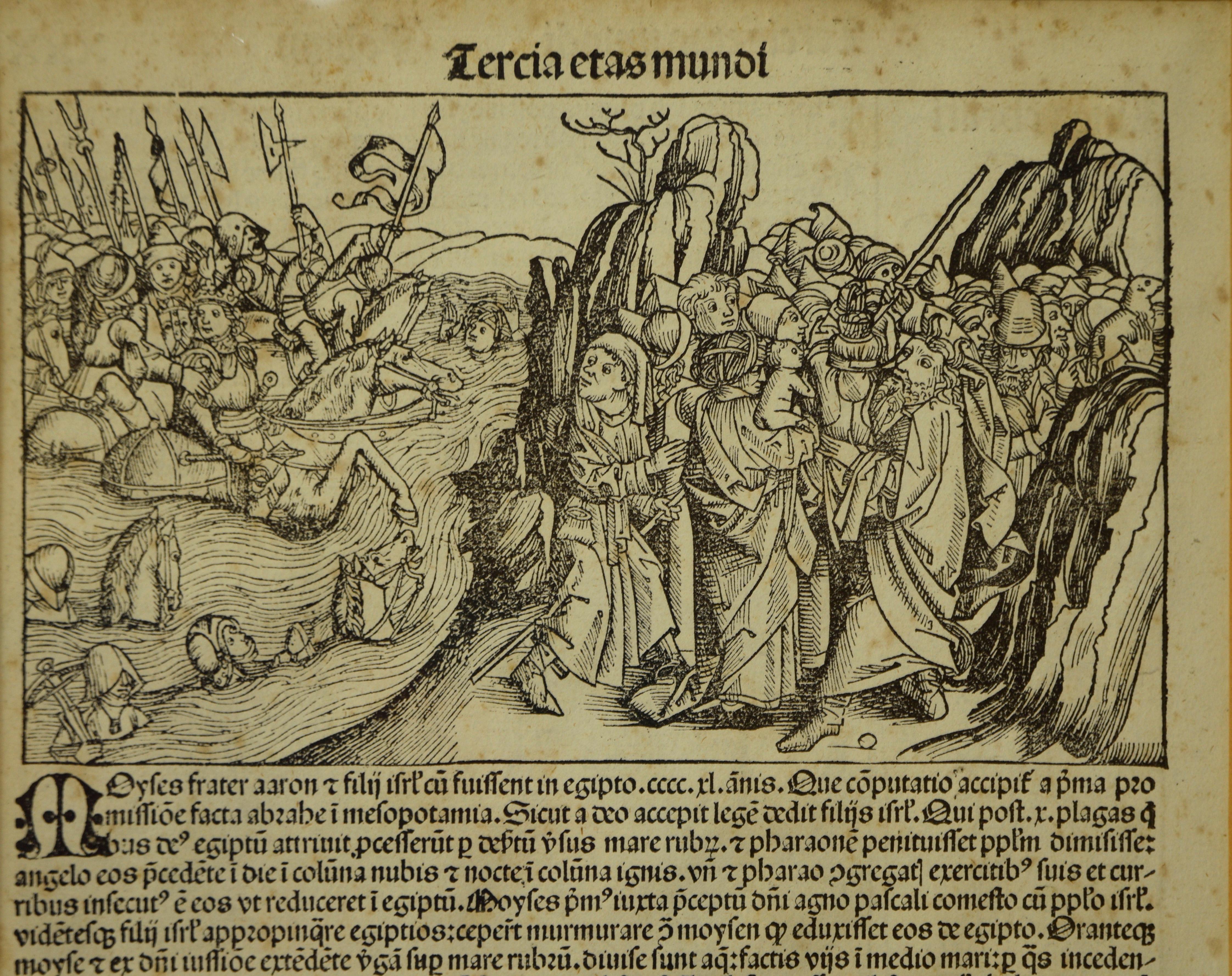 Moses Parts the Red Sea & Receives the Ten Commandments -  Leaflet from the 1497 'Pirate' Nuremberg Chronicles


The Nuremberg Chronicles were first published in 1493 by Anton Koberger. Following the success of the initial editions, Johann