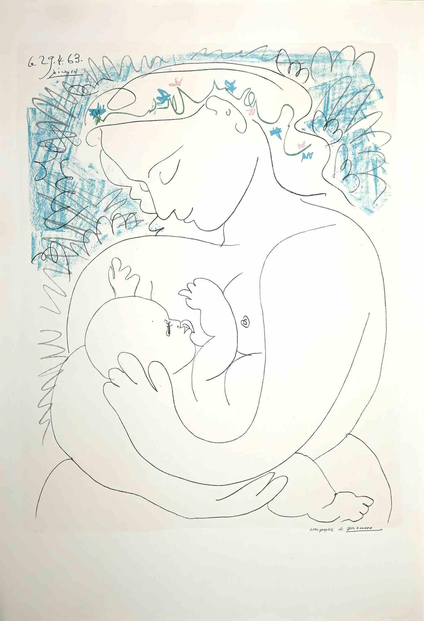 Unknown Figurative Print - Mother and Child-Original Lithograph on Laid Paper by Pablo Picasso - 1963