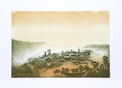 Pueblo de montaña, aguafuerte impresionista de Hank Laventhol