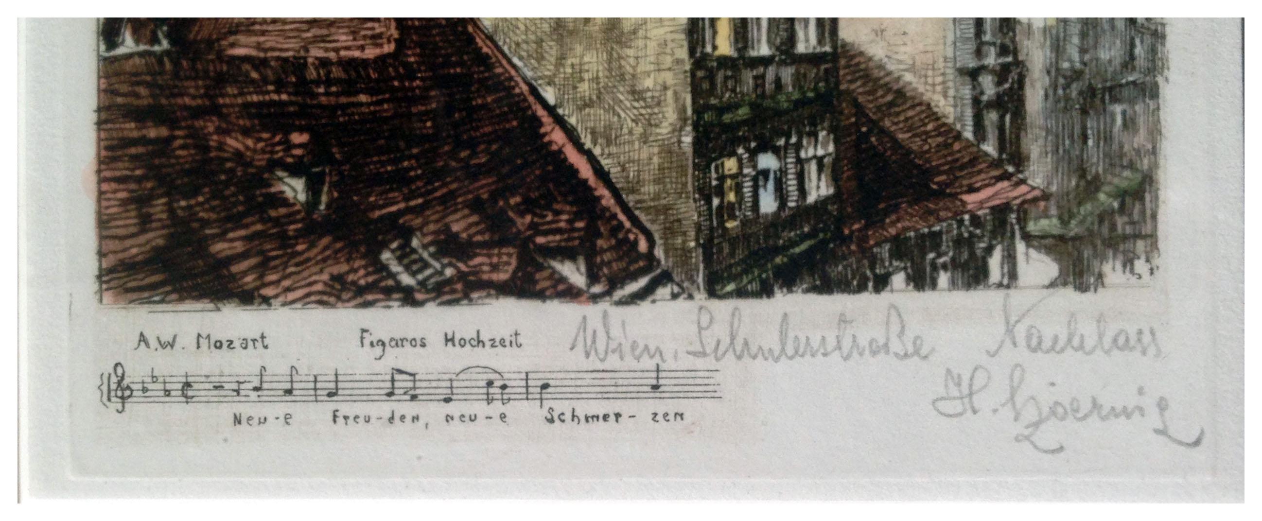 Mozarts Residence mit Symphony St. Stephans Kathedrale – Wien, Österreich  (Impressionismus), Print, von HENRY GOERING