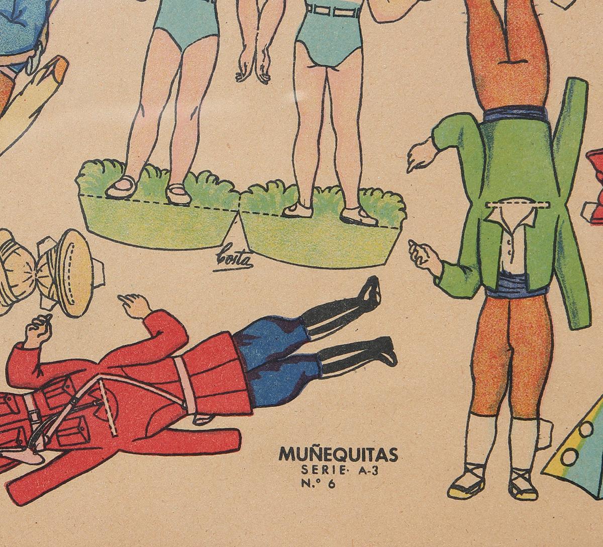 Colorful retro paper doll boy with various costumes by Kiki Recortables of Barcelona. The piece features a variety of costumes including a clown, a gladiator, a cowboy, and more. Titled 