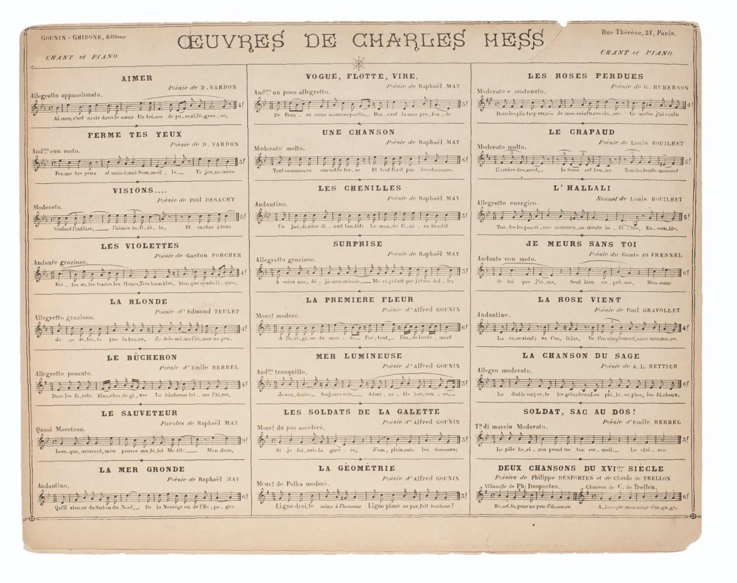 Programe de musique et de poésie - Litographe original - 1880 - Print de Unknown