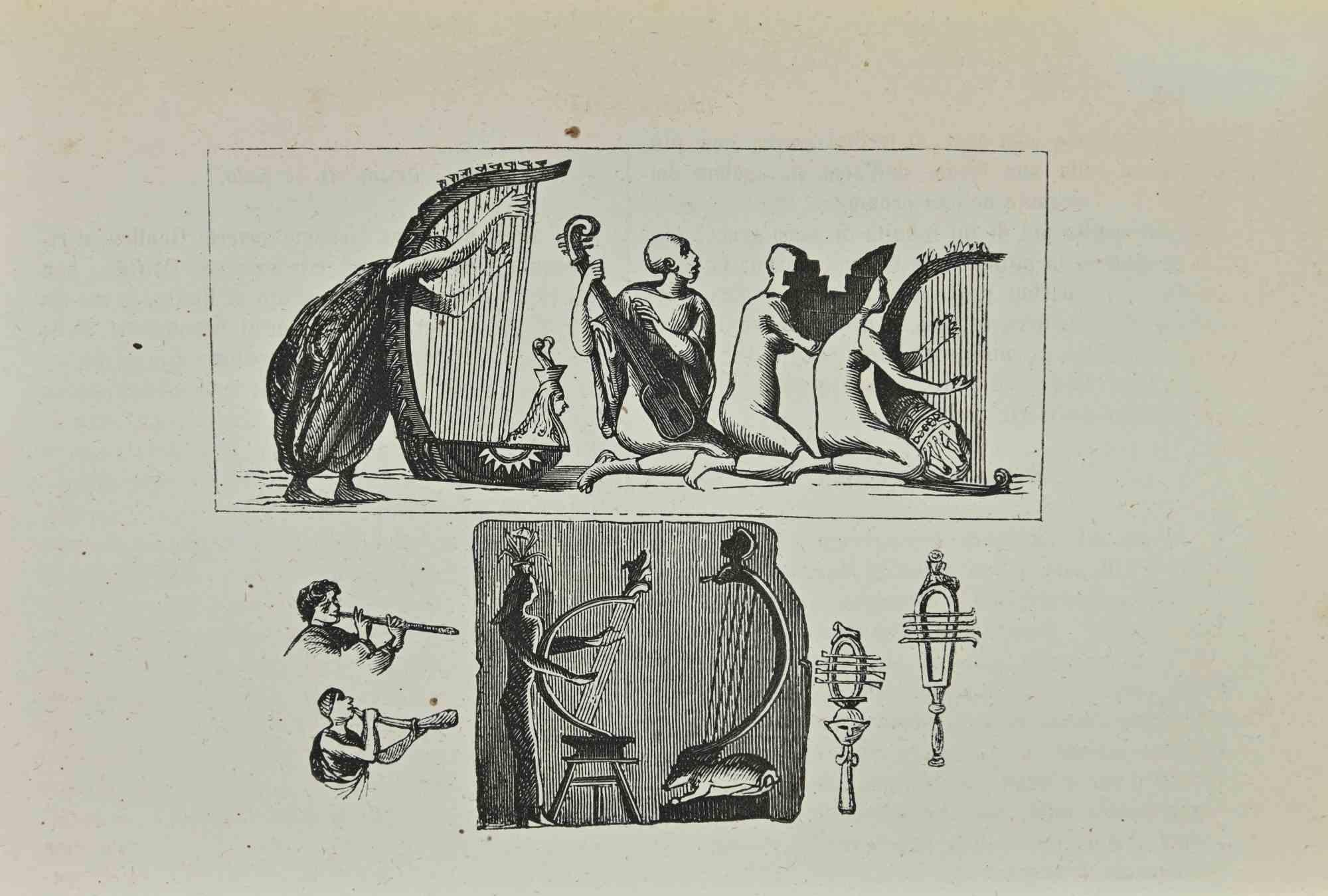 Unknown Figurative Print – Musikinstrumente – antike Kostüme – Lithographie – 1862
