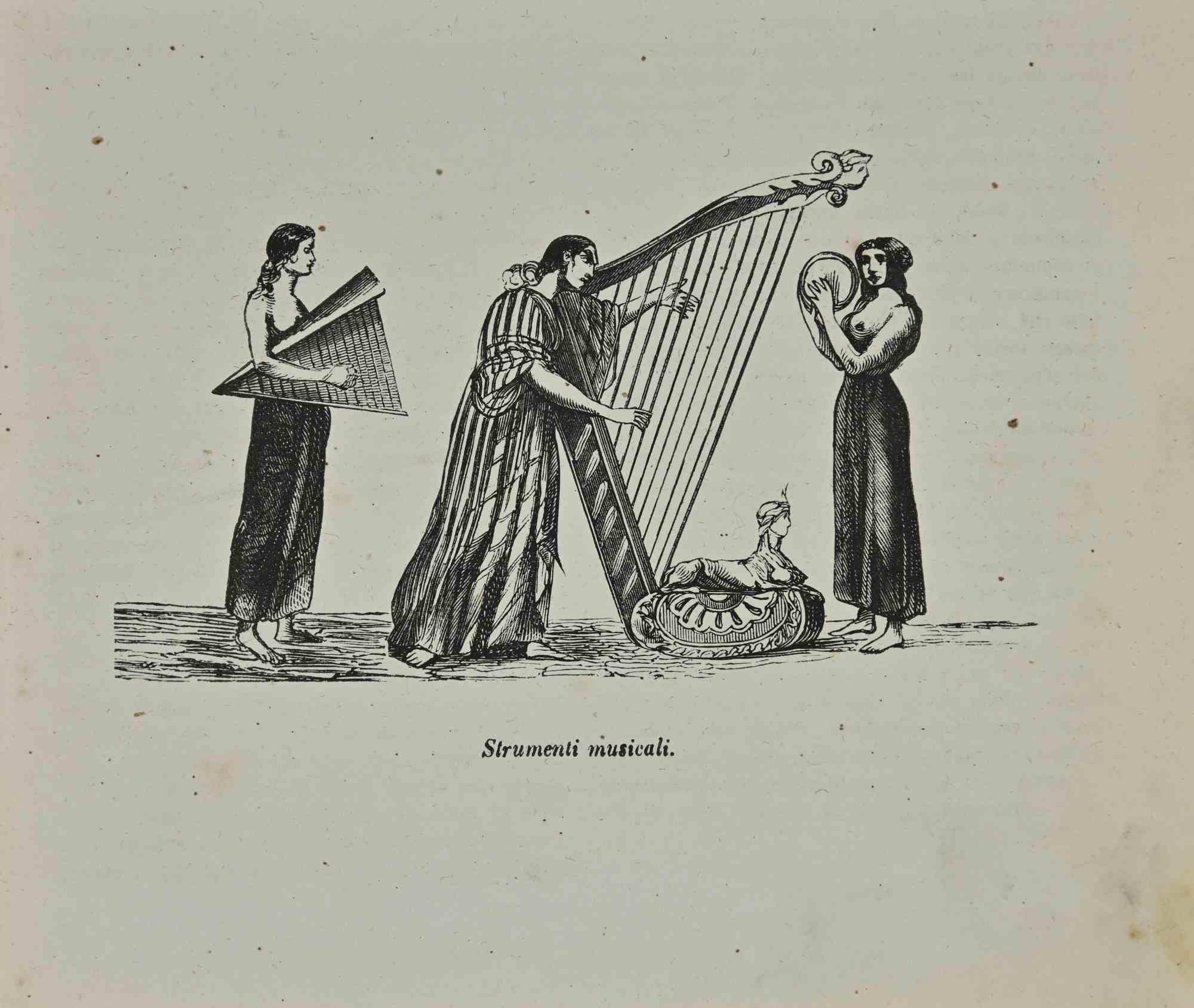 Unknown Figurative Print - Musical Instruments - Ancient Costumes - Lithograph - 1862