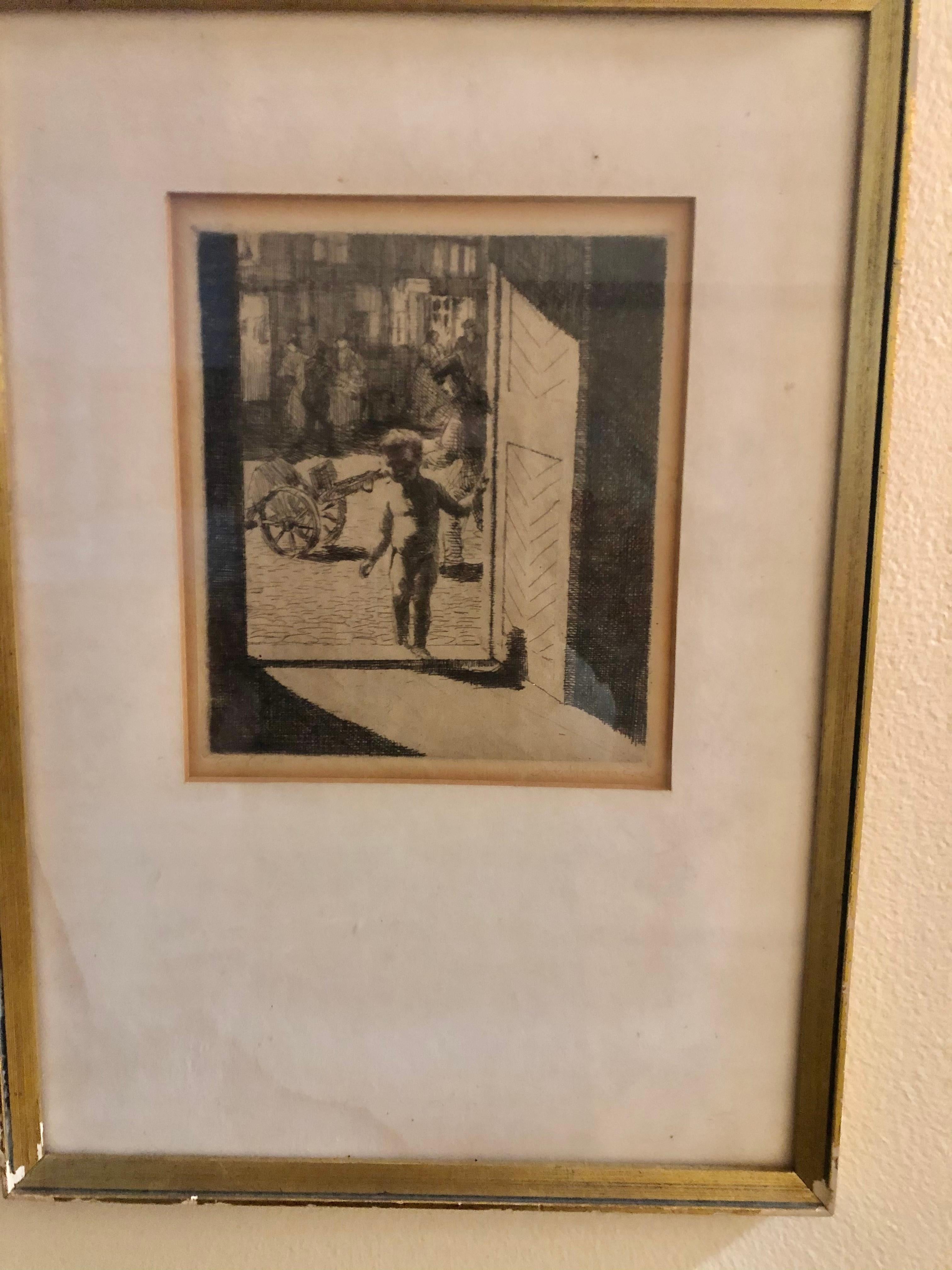 Masterfully executed  etching which is signed but is illegible. The contrast of shadows and sunlight in doorway is particularly well done. Background figures could be Dutch. Etching measures 7 1/2 inches high by 6 1/2 wide. The frame measures 16 1/8