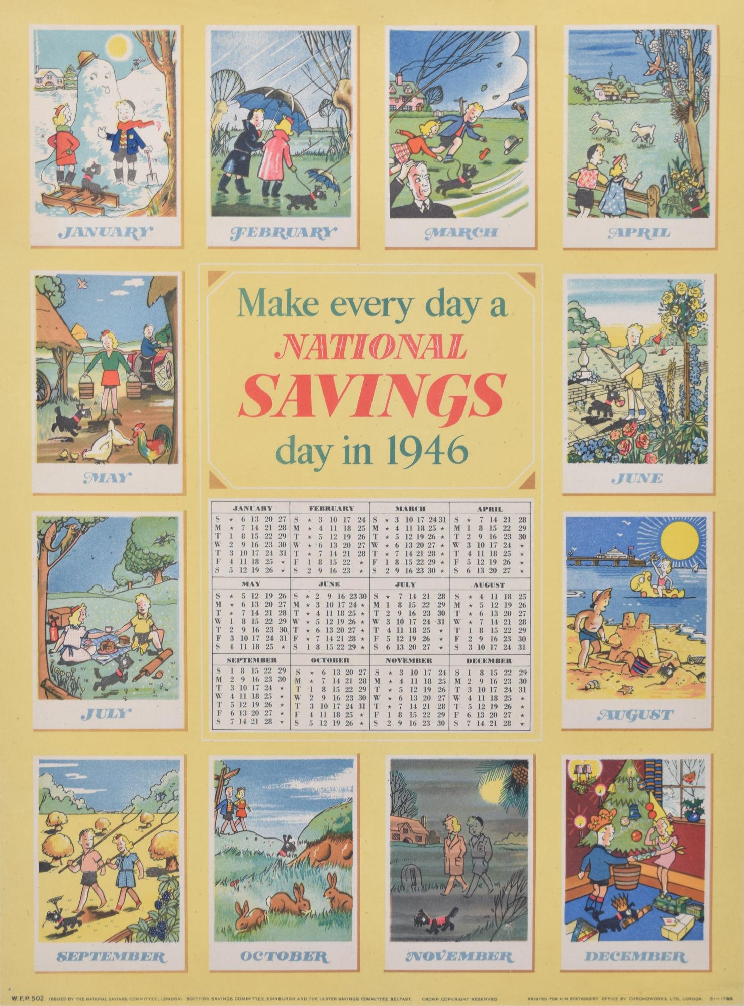 Unknown Print - National Savings 1946 original vintage calendar poster 