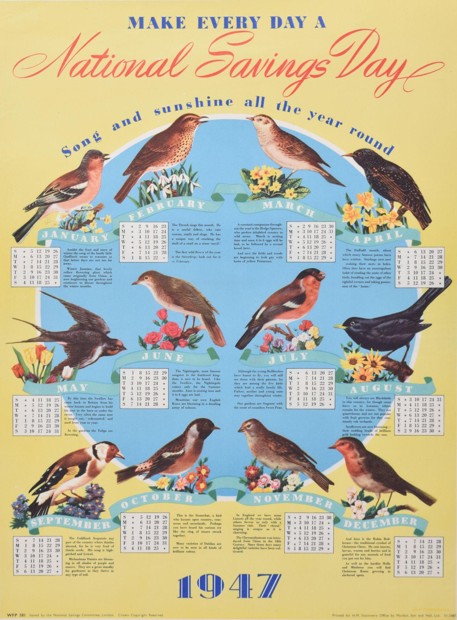 National Savings 1947, affiche de calendrier vintage originale 