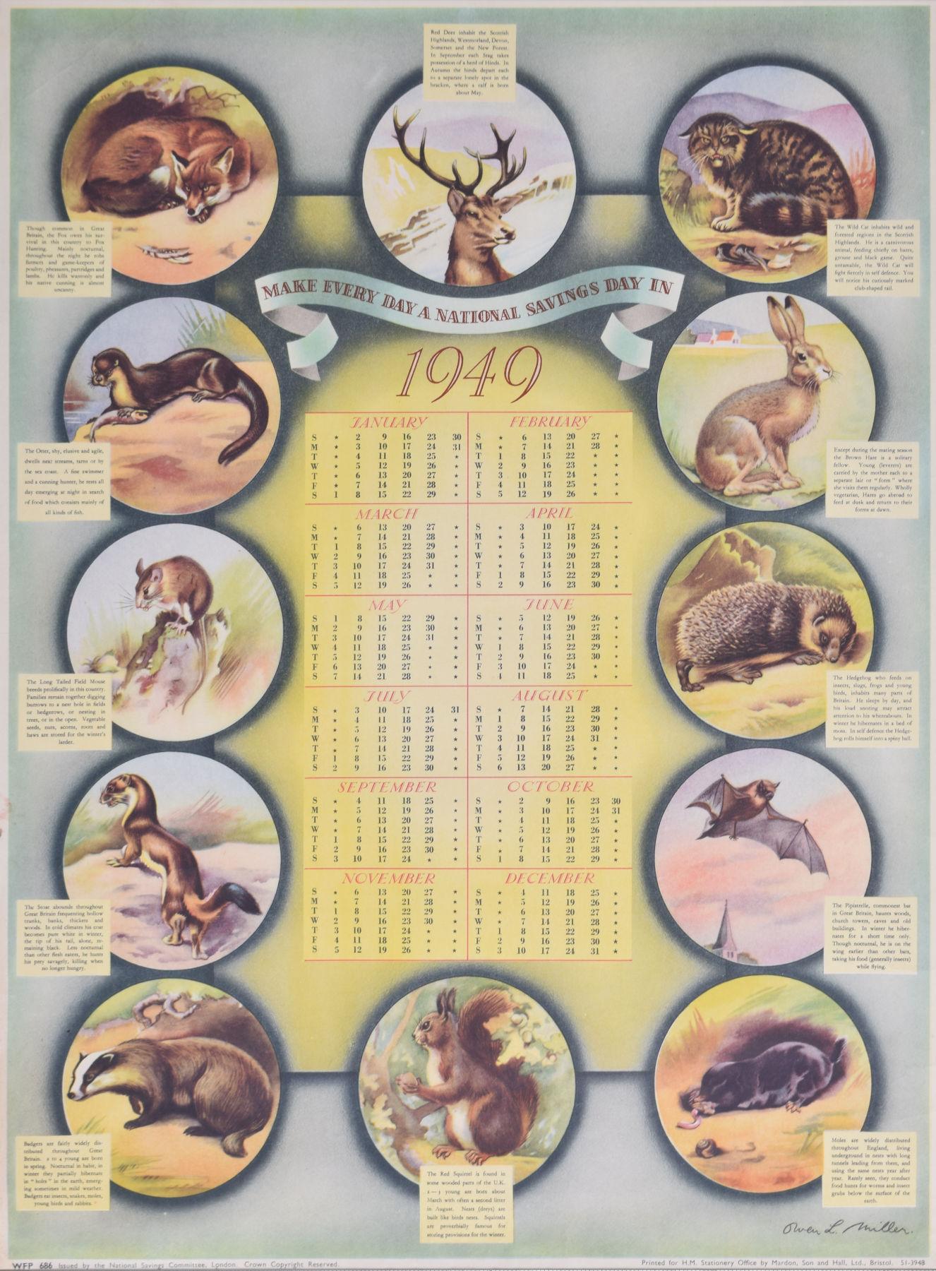 National Savings 1949 original vintage calendar poster 