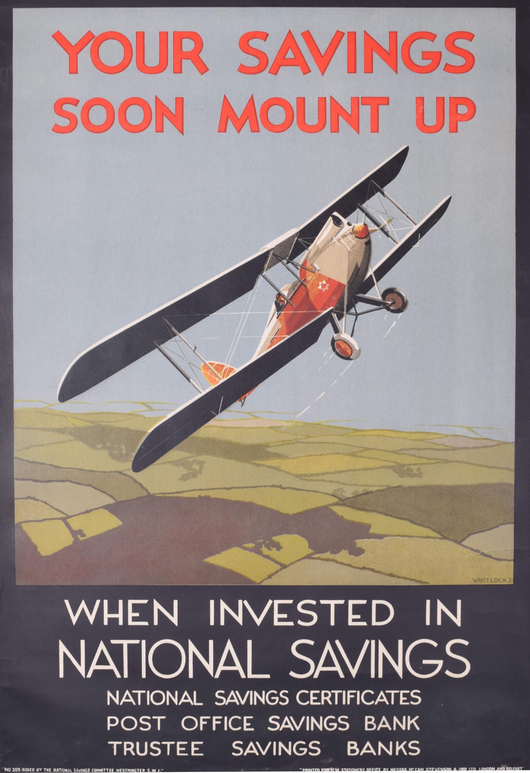 Unknown Landscape Print - National Savings biplane original vintage 1930s poster