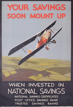 National Savings - Affiche originale d'un biplan vintage des années 1930