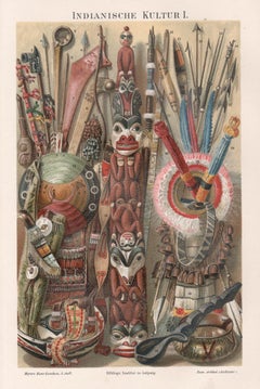 Artefatti dei nativi nordamericani, cromolitografia tedesca, 1895 circa