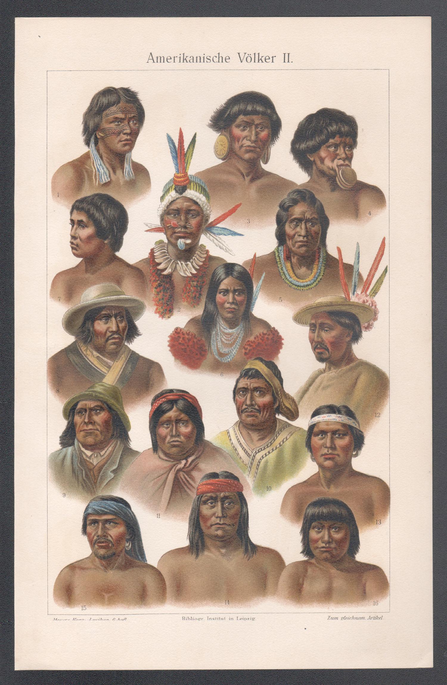 Nativi del Nord e del Sud America, cromolitografia tedesca, 1895 ca. - Print di Unknown