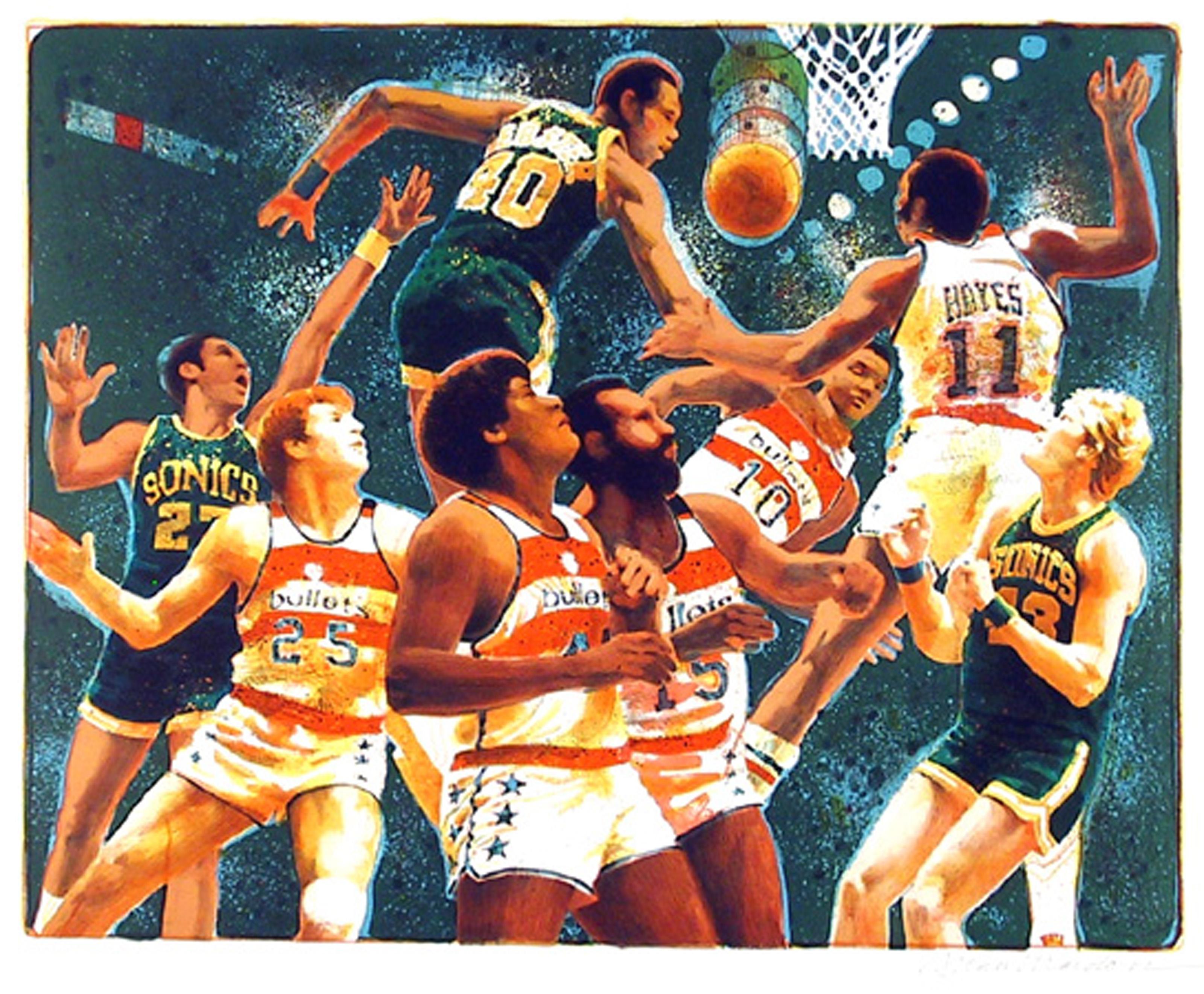NBA, litografía realista estadounidense de Allan Mardon