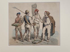 Antique Neapolitan Fishermen  - Original Gouache - 19th Century