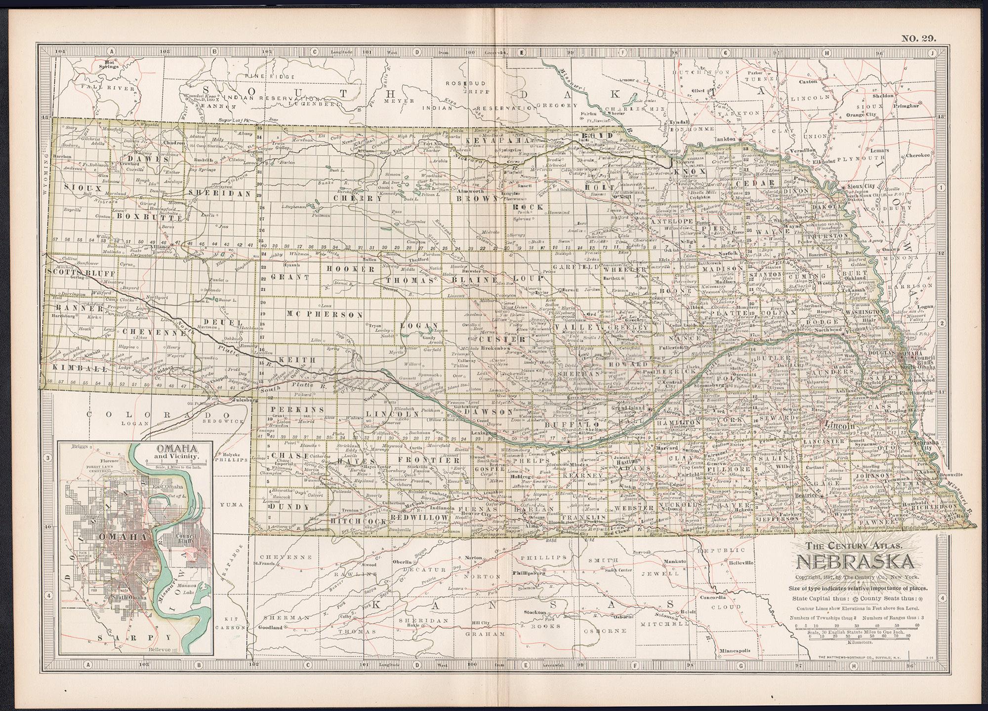 Nebraska. USA. Century Atlas state antique vintage map - Print by Unknown