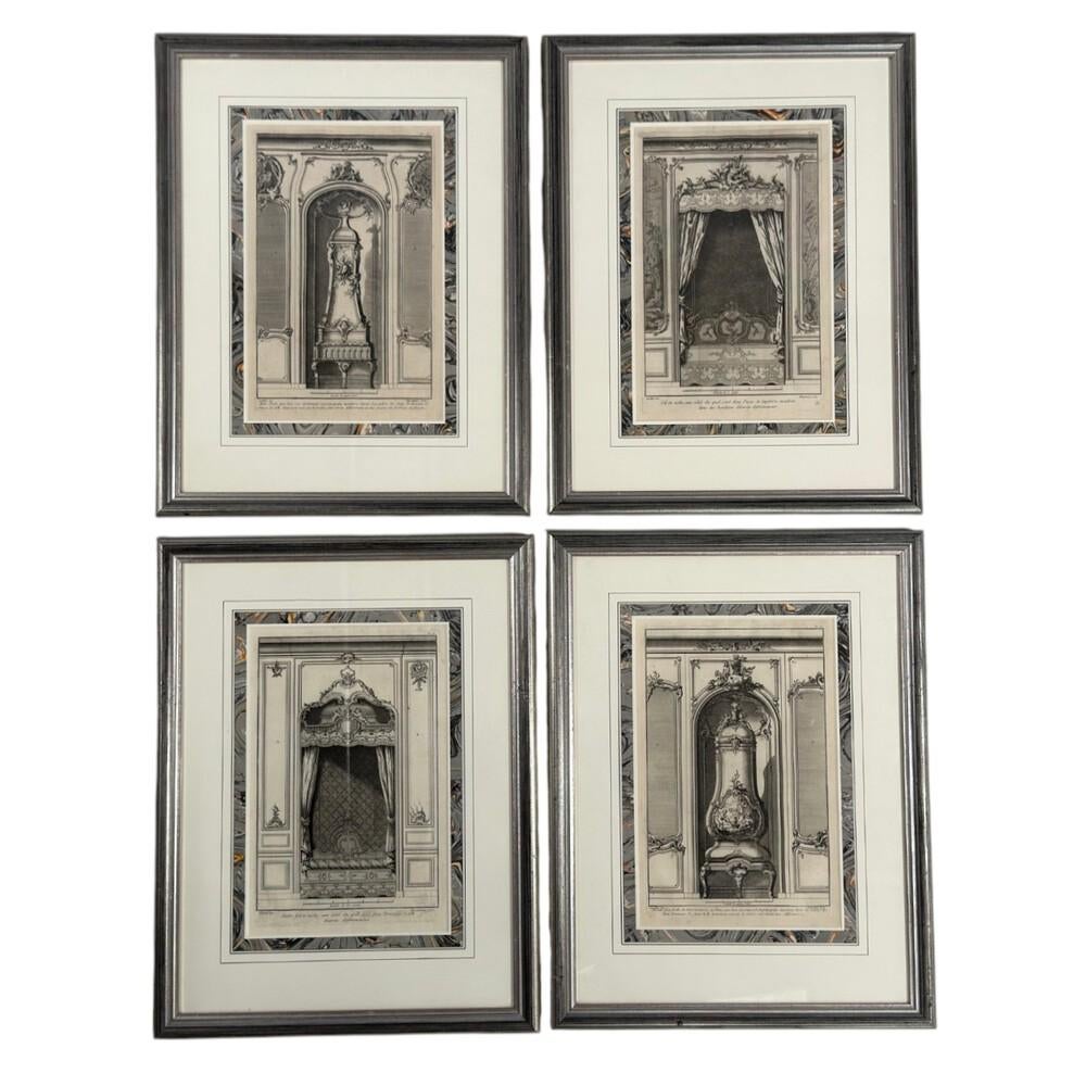 Unknown Interior Print - Neoclassical, Four Framed Architectural Drawings of French Interiors, 20th c.