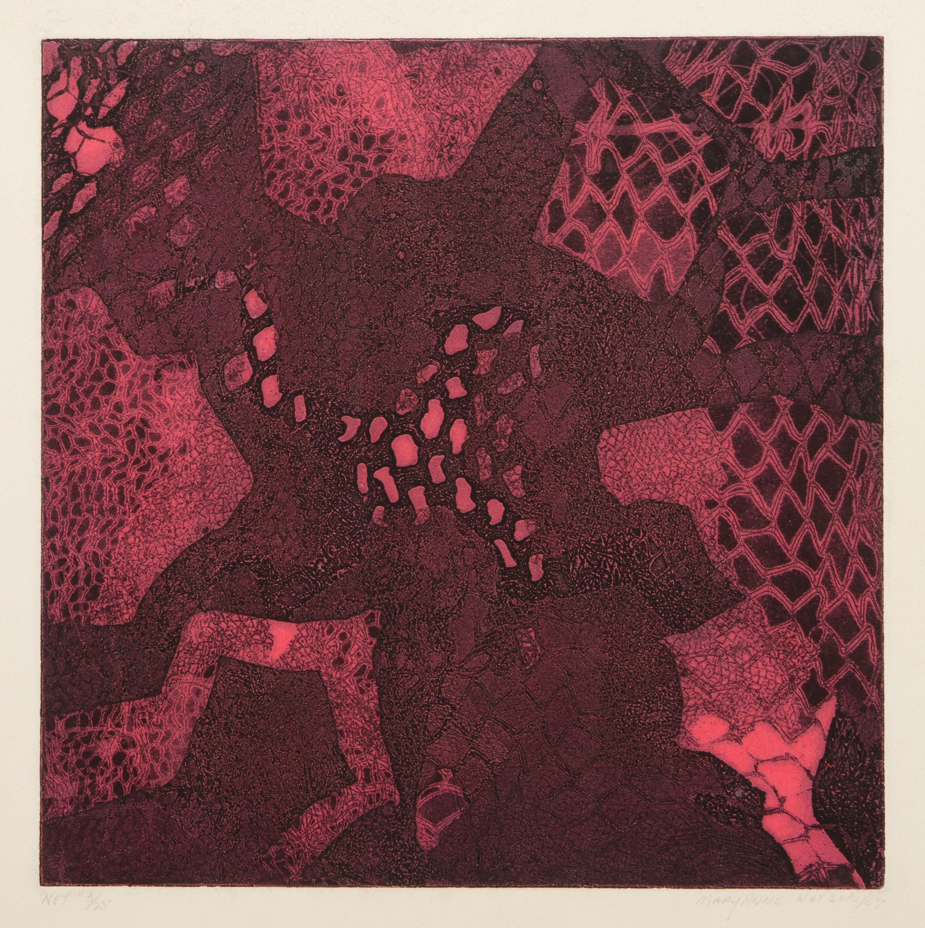  Mary Anne Watson, American -  Net, Year: 1967, Medium: Etching and Aquatint, signed, titled, numbered and dated, Edition: 3/25, Image Size: 12 x 12 inches, Size: 18.5 x 18 in. (46.99 x 45.72 cm) 
