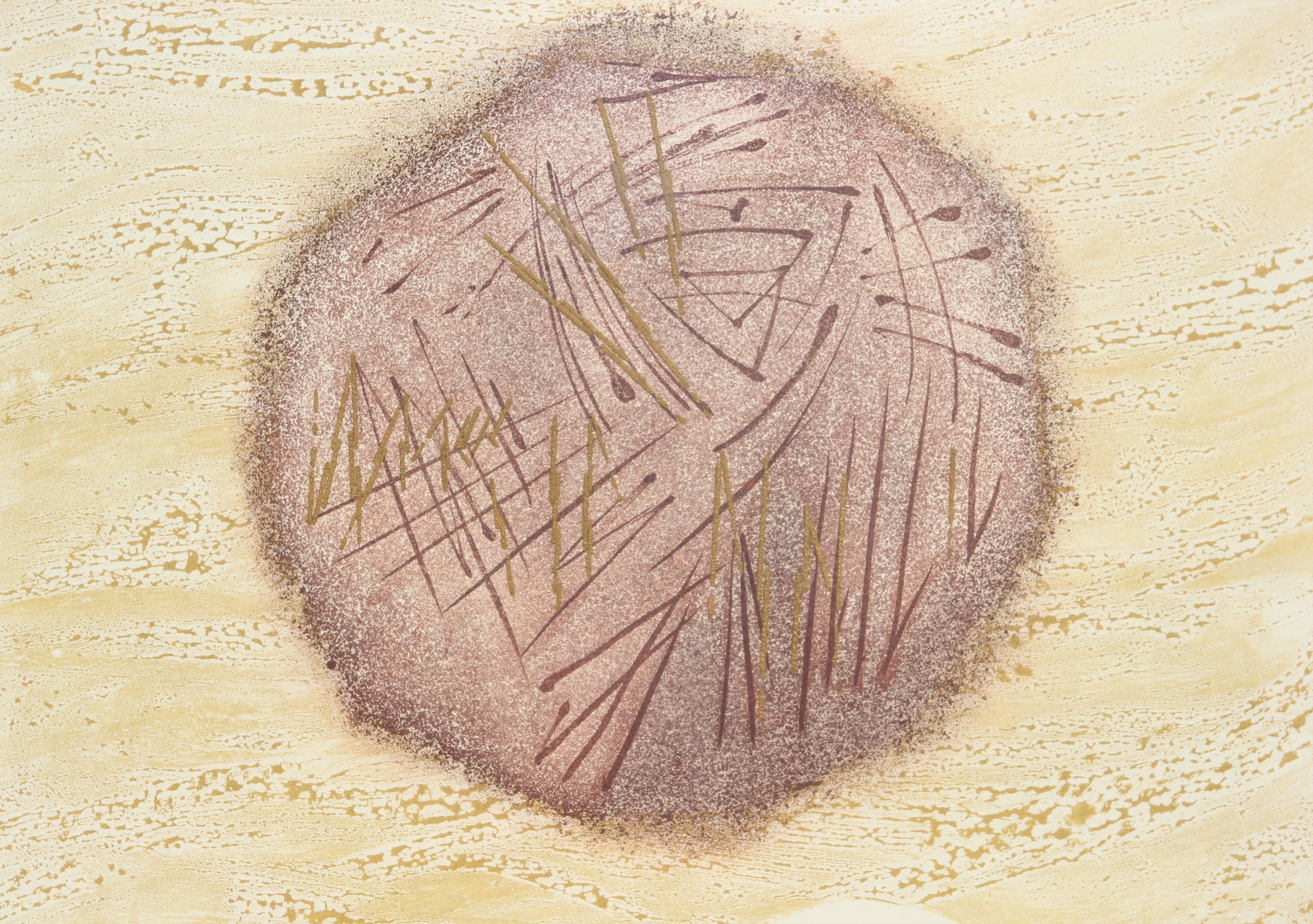Impression abstraite aux tons neutres d'un paysage surréaliste représentant un cercle face à face avec des embossages - Print de Unknown