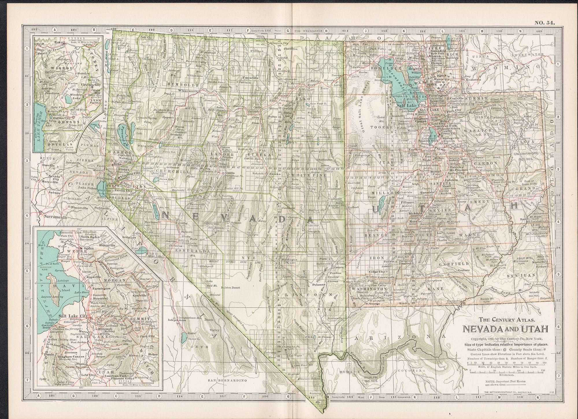 Nevada e Utah. USA. Atlante di stato Century Atlas antica mappa d'epoca - Print di Unknown