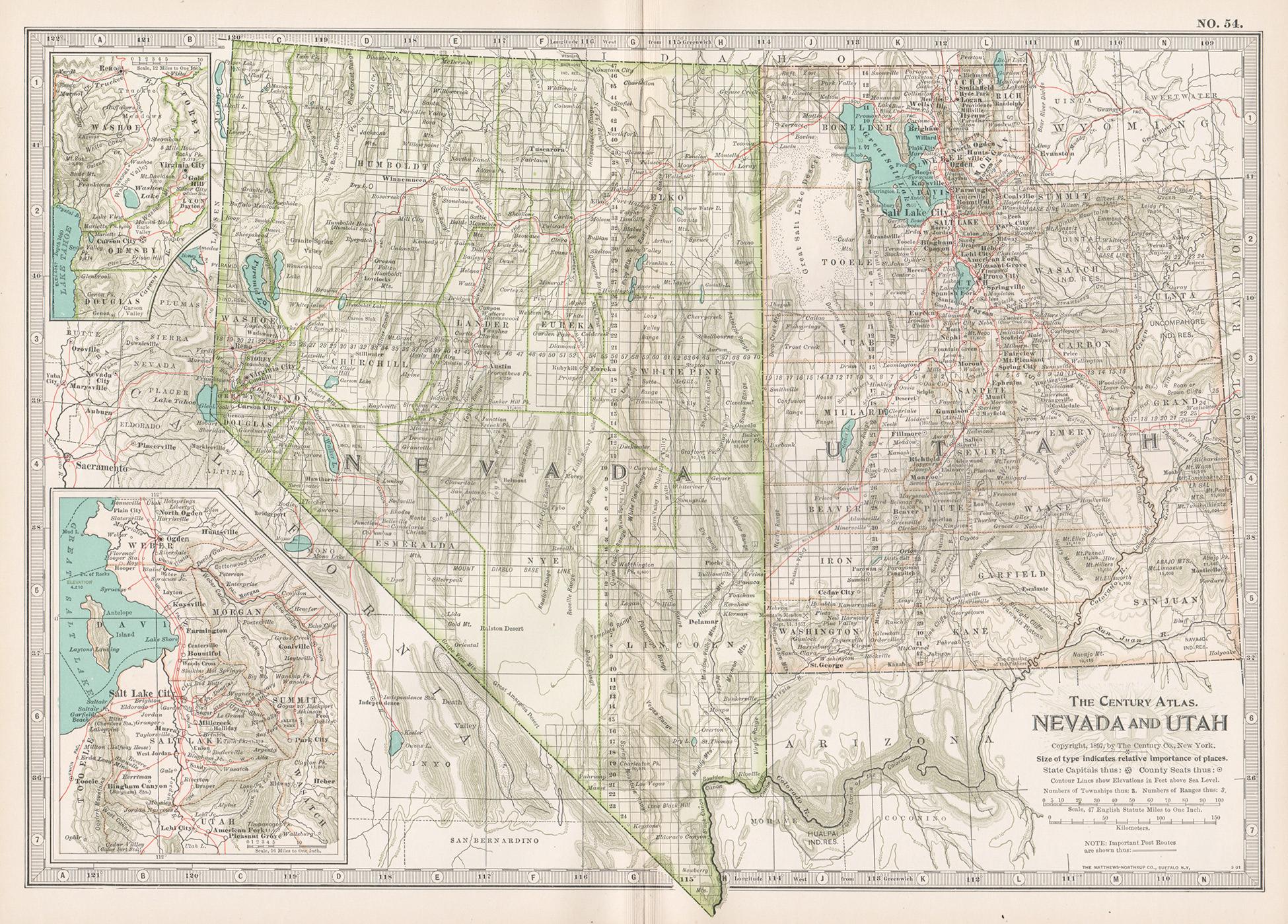 Unknown Print - Nevada and Utah. USA. Century Atlas state antique vintage map