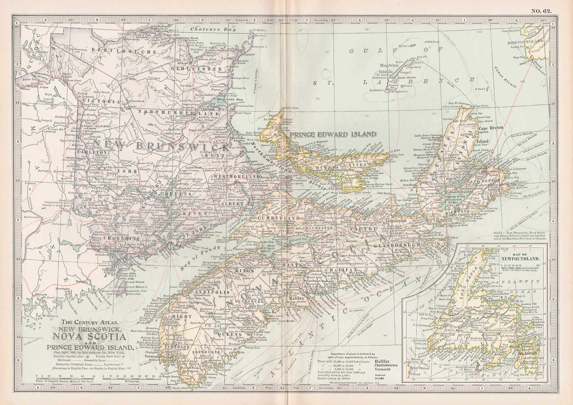 Unknown Print - New Brunswick, Nova Scotia and Prince Edward Island, Canada. Century Atlas map