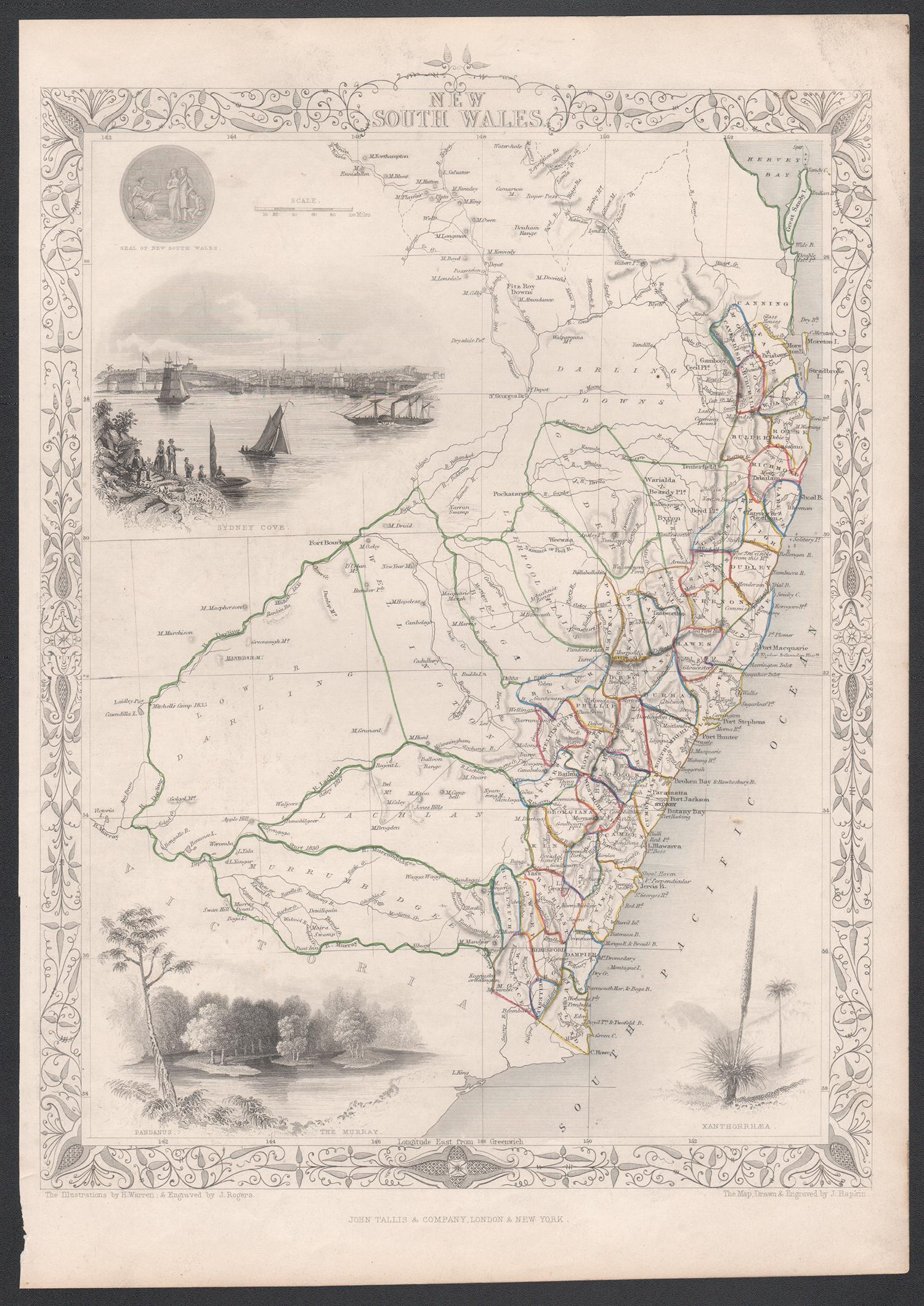 New South Wales, Australien, antike, gravierte John Tallis-Karte aus der Mitte des 19. Jahrhunderts – Print von Unknown