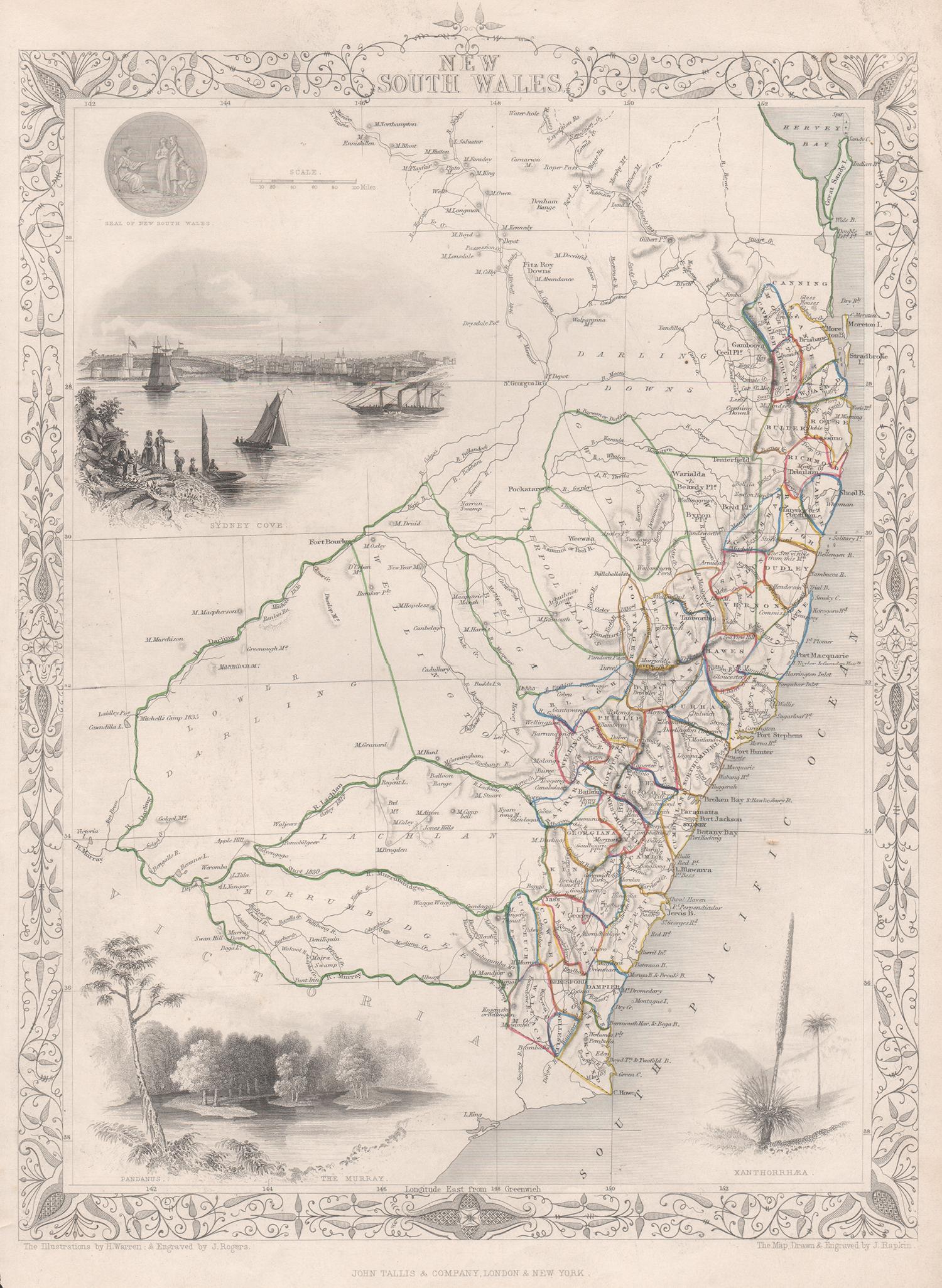 Nouvelle Pays de Galles du Sud, Australie, carte gravée antique du milieu du 19e siècle de John Tallis