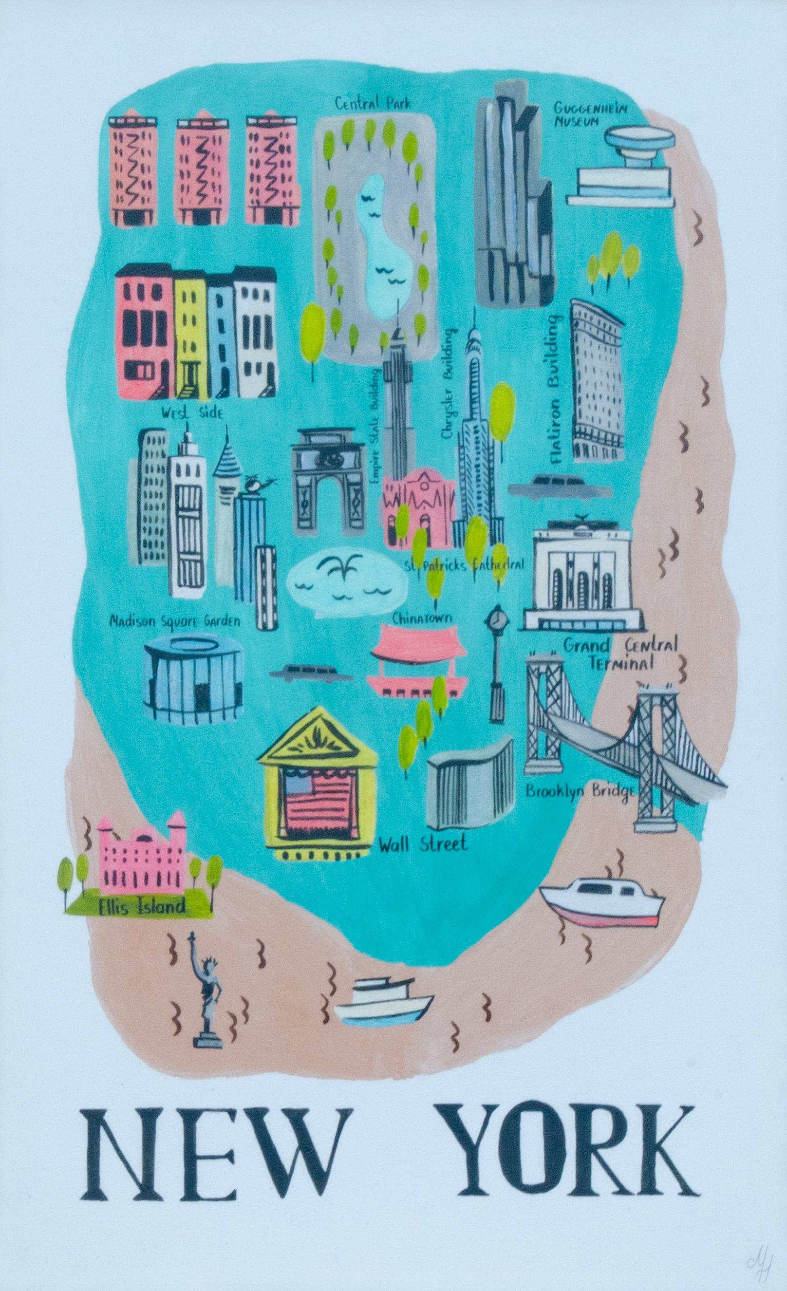 Impression de points de repère de la ville de New York illustrée par l'artiste Mystery - Print de Unknown