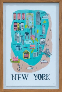 Vintage New York City Landmarks Illustrated Print by Mystery Artist