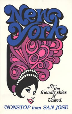 Affiche de voyage vintage originale de New York United Air Lines