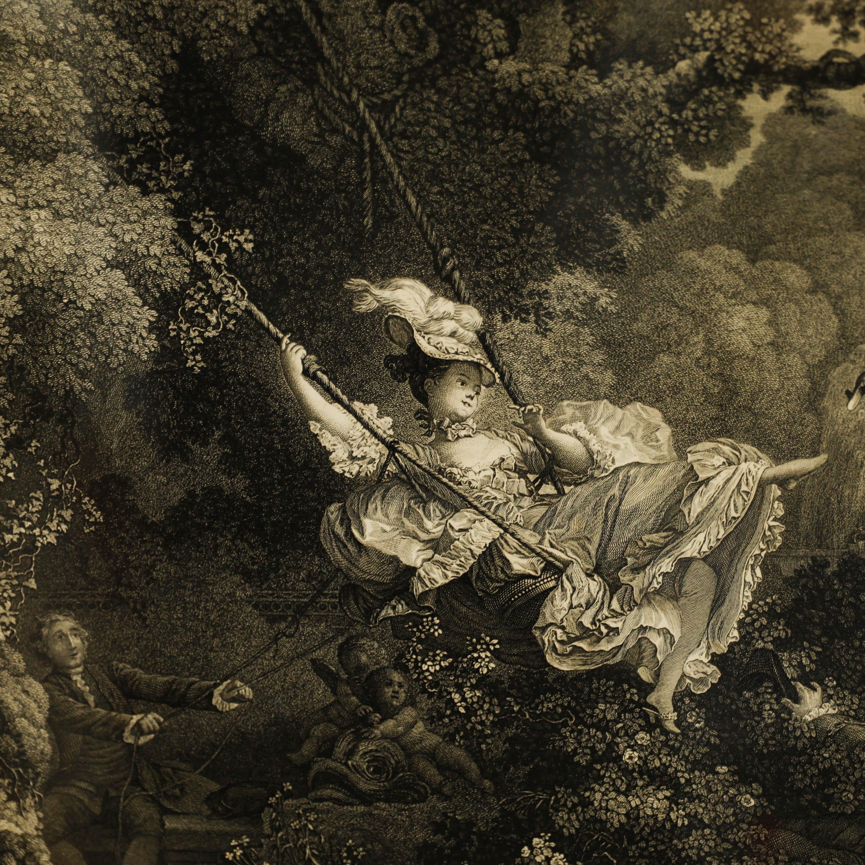 A charming engraving depicting Jean-Honoré Fragonard's 'The Swing'. Inscribed and signed in plate. Well presented in a redwood frame. On paper.