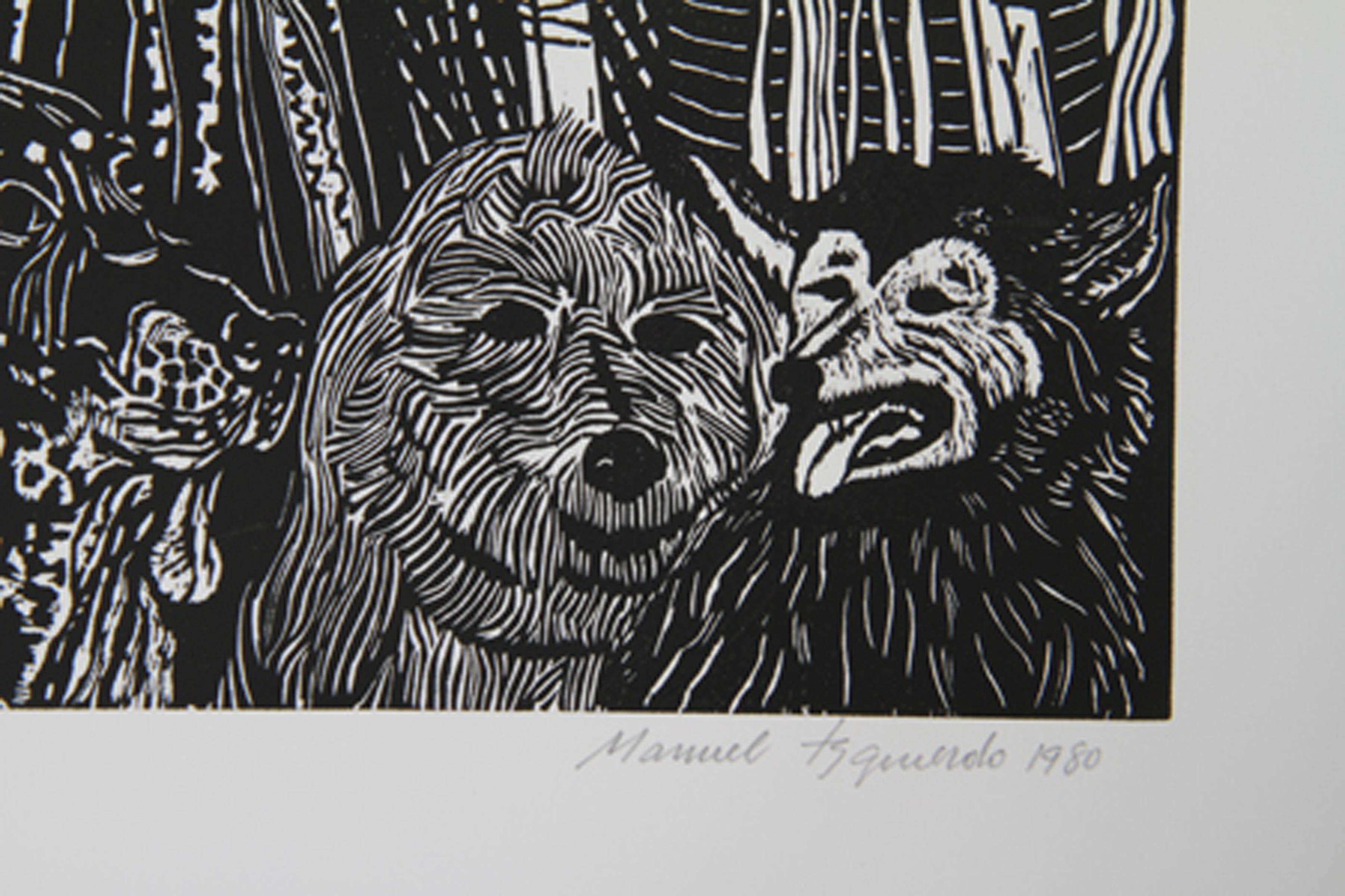 Night Festival (Black), Surrealist Woodcut by Manuel Izqueirdo For Sale 1