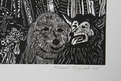 Festival de nuit (noir), gravure sur bois surréaliste de Manuel Izqueirdo