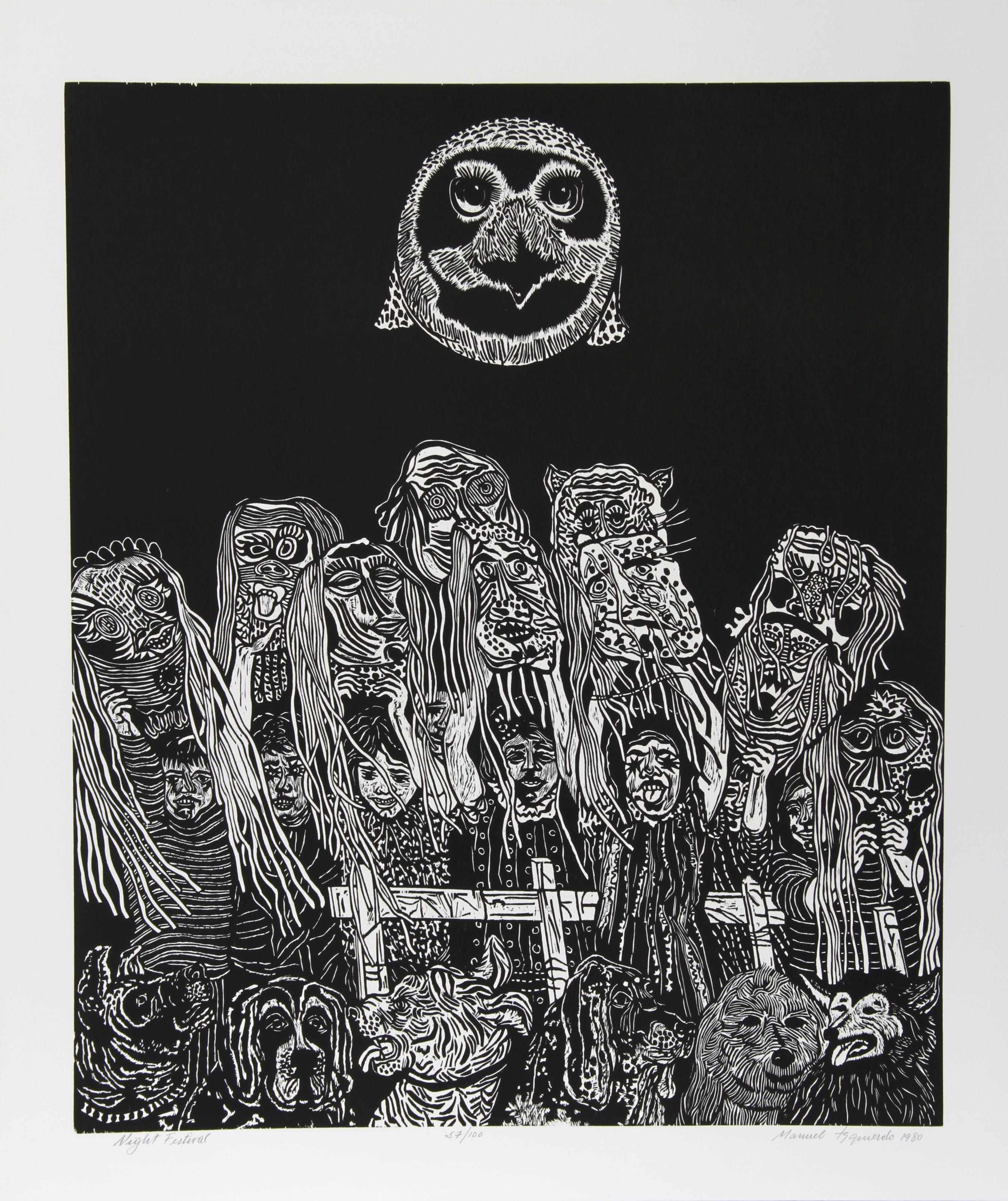 Night Festival (Black), Surrealist Woodcut by Manuel Izqueirdo