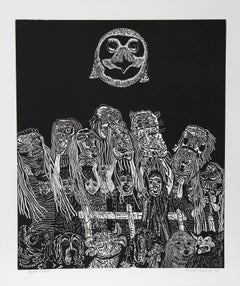 Night Festival (Black), Surrealist Woodcut by Manuel Izqueirdo