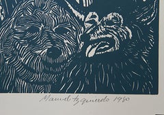 Festa notturna (blu), xilografia surrealista di Manuel Izqueirdo