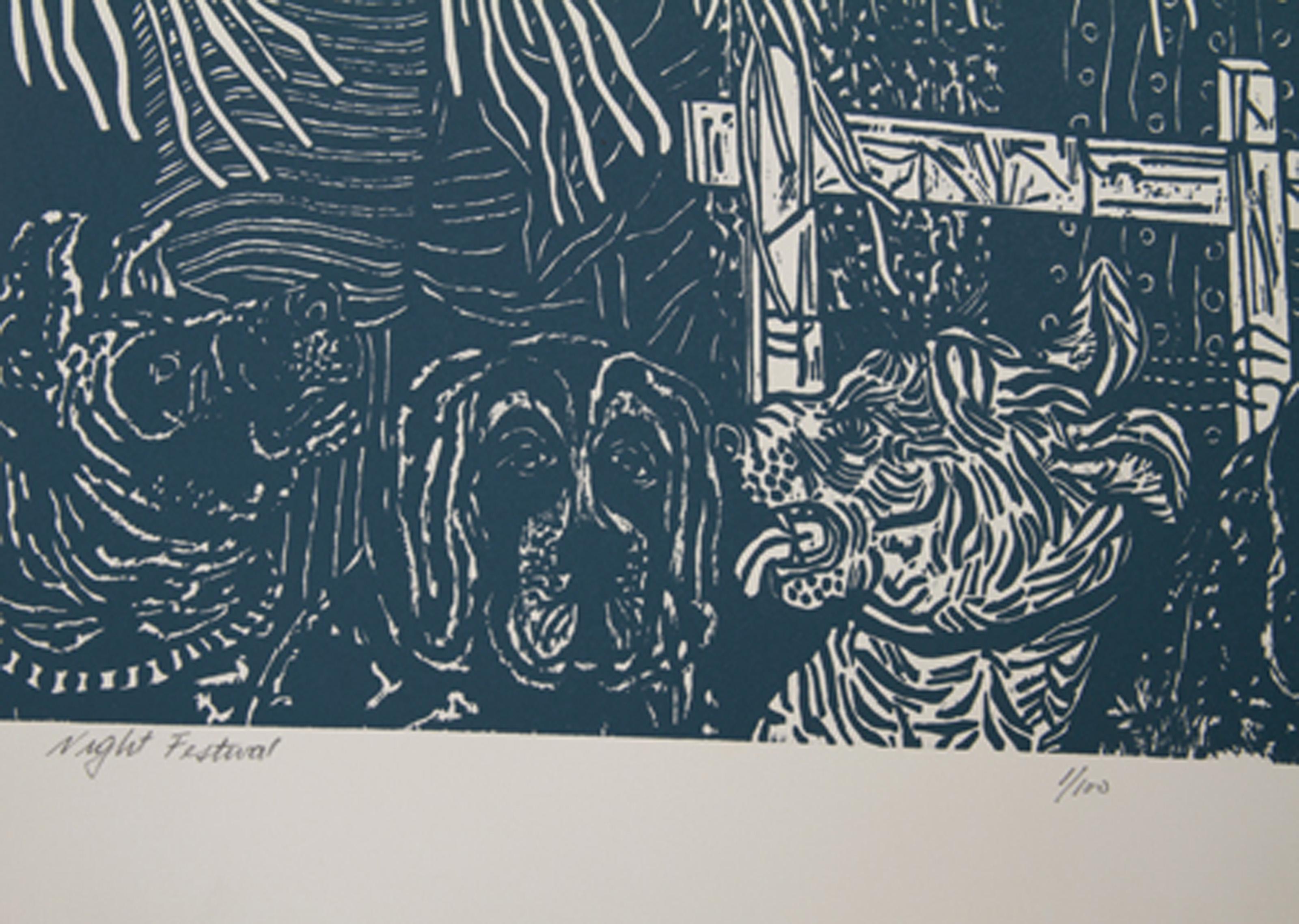 Night Festival (Blue), Surrealist Woodcut by Manuel Izqueirdo For Sale 2