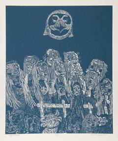 Fiesta nocturna (Azul), xilografía surrealista de Manuel Izqueirdo