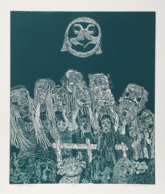 Fiesta nocturna (verde), xilografía surrealista de Manuel Izqueirdo