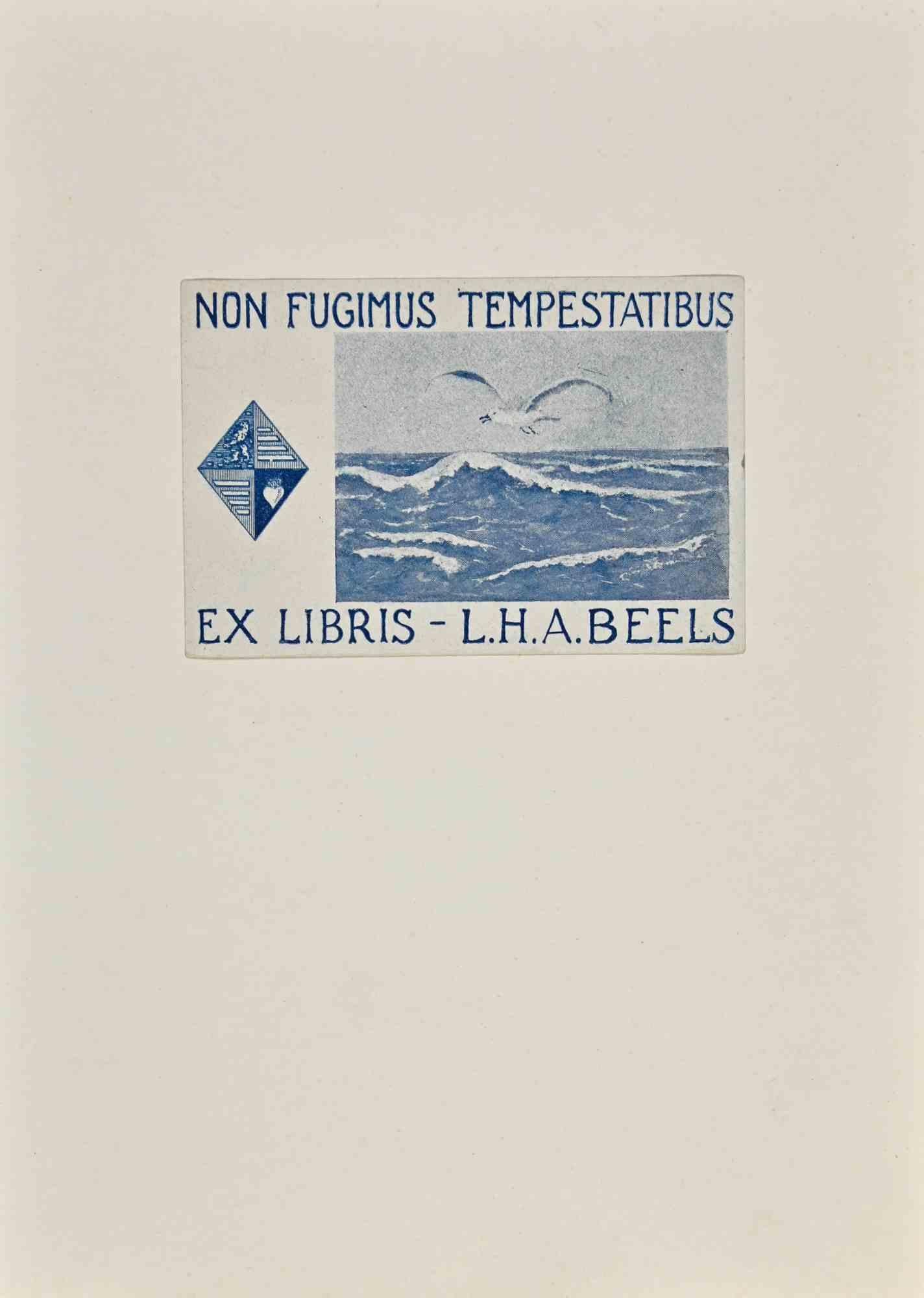 Unknown Figurative Print - Non Fugimus Tempestatibus. Ex Libris- L.H. A. Beels - Woodcut - Mid-20th Century
